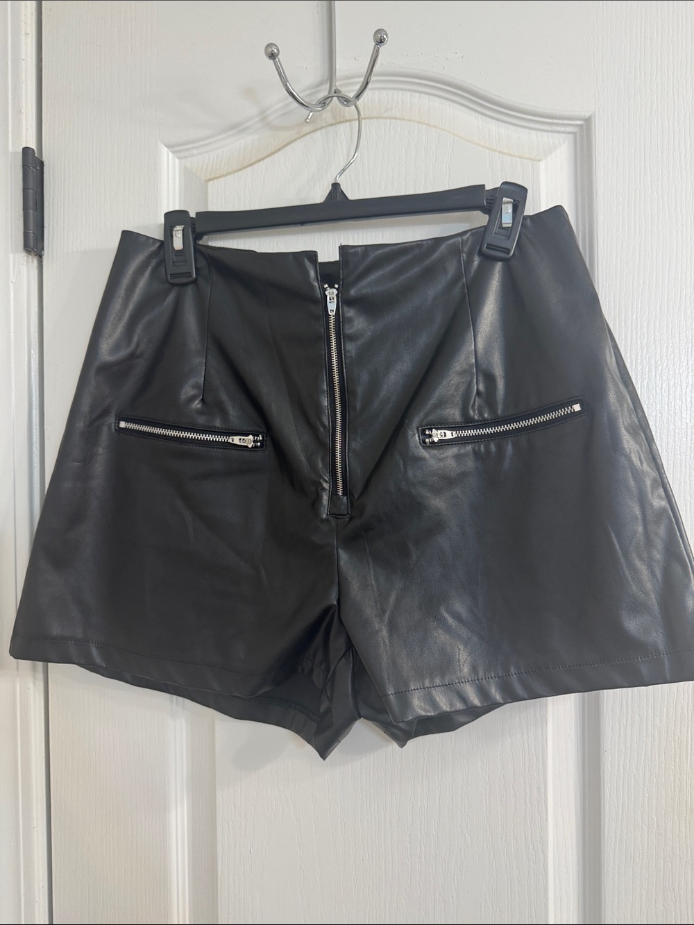 SHEIN Black High-Waist Faux Leather Zip-Front Shorts